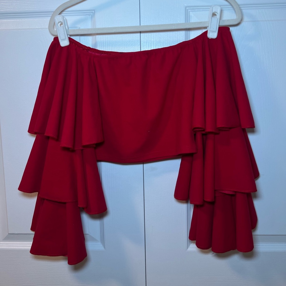Red off the shoulder ruffle blouse